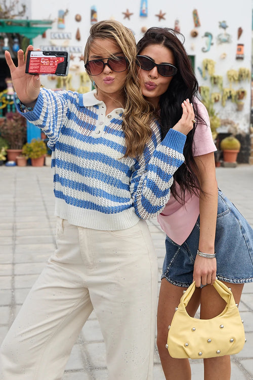 Gestreepte Open Knit Polo Top